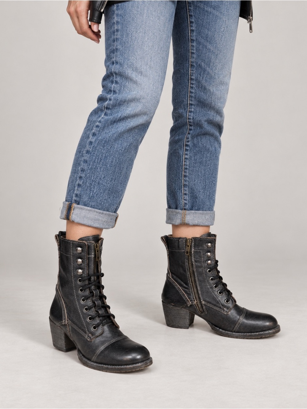 Bed Stu Black Leather Lace-Up Side Zip Combat Boots Distressed